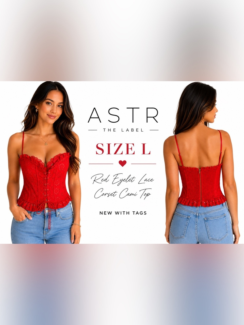 ASTR The Label Red Eyelet Lace Corset Cami Top NWT Size L Romantic Chic